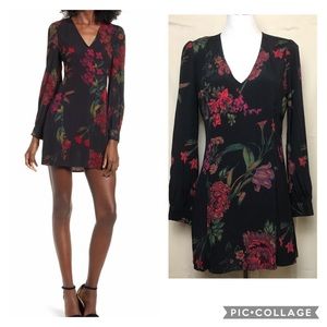 LEITH Floral Print V Neck Long Sleeve Minidress